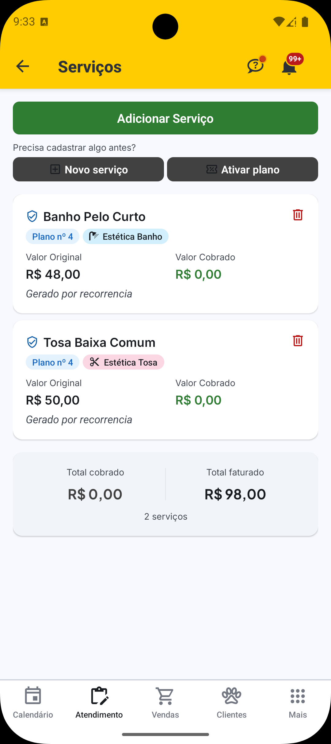 Pop-up de cadastro rápido de serviço dentro do atendimento no aplicativo VetWeb.
