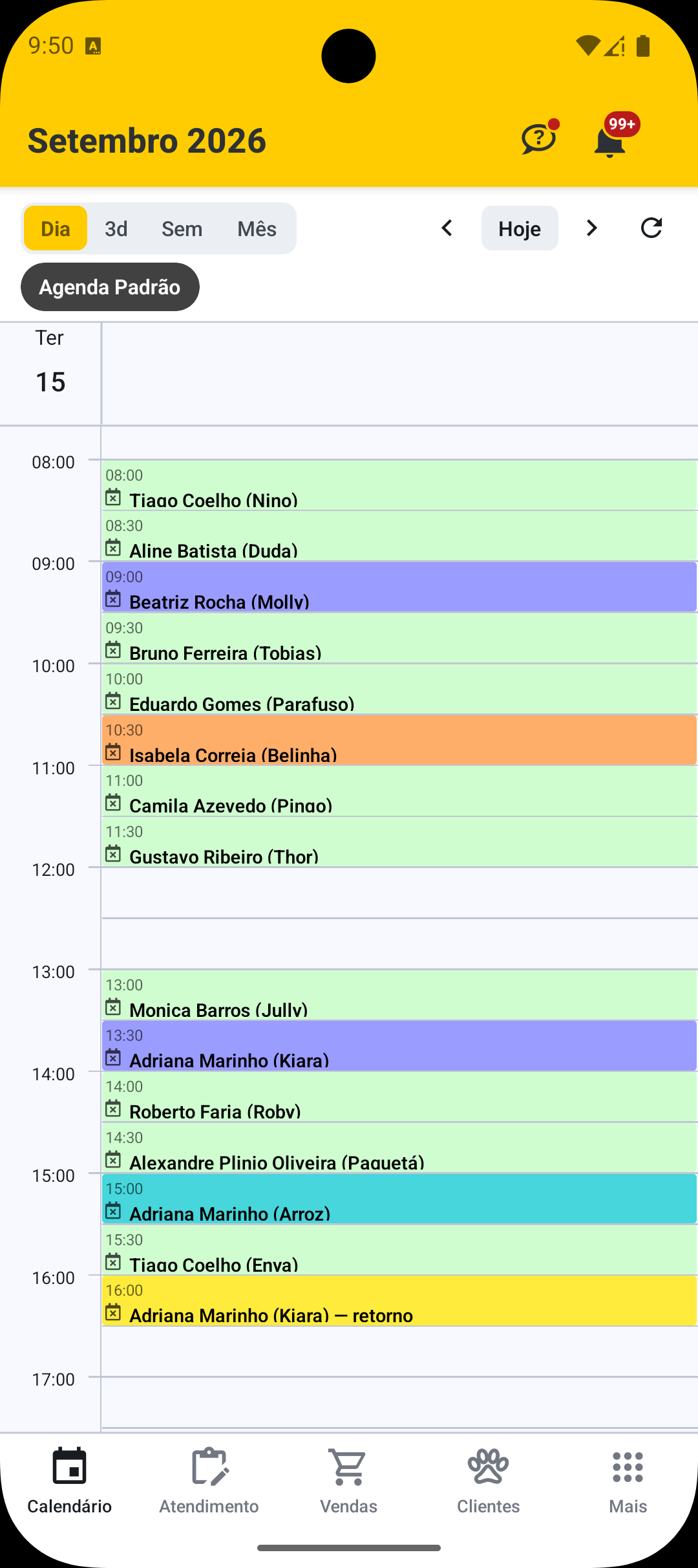 Agenda do VetWeb no celular, com os atendimentos do dia por horário e profissional.