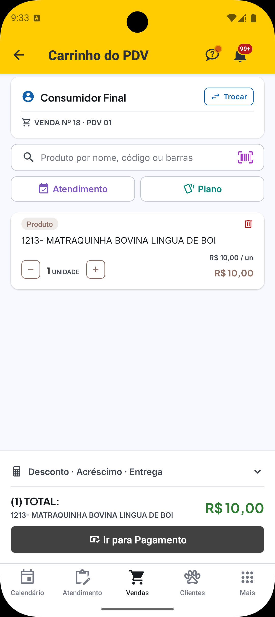 Carrinho do PDV no aplicativo VetWeb durante uma venda no balcão.