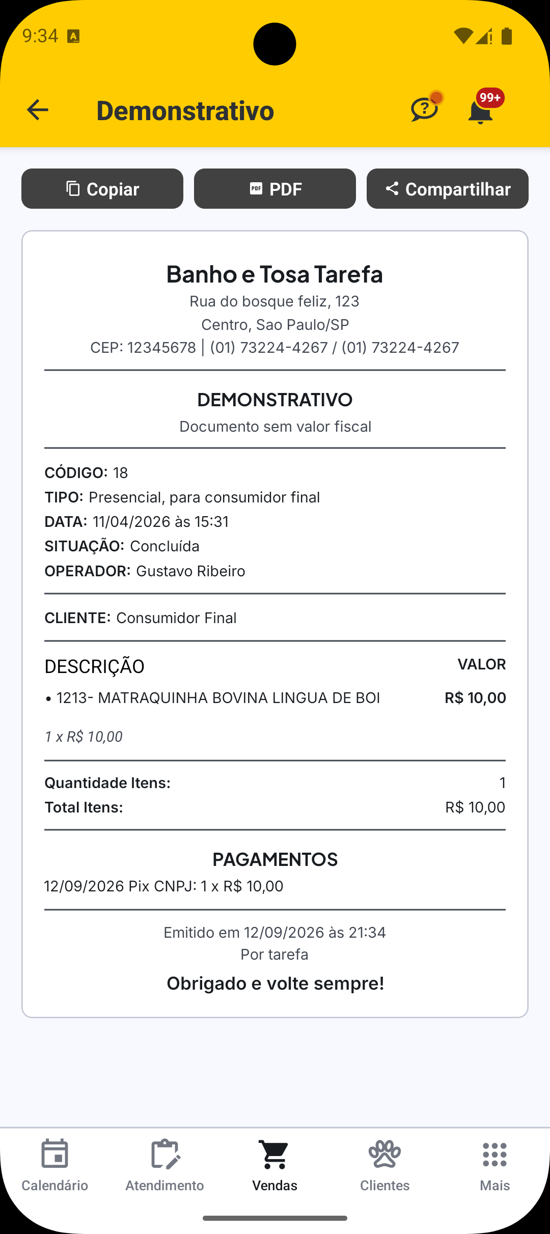 Cupom da venda no aplicativo VetWeb.