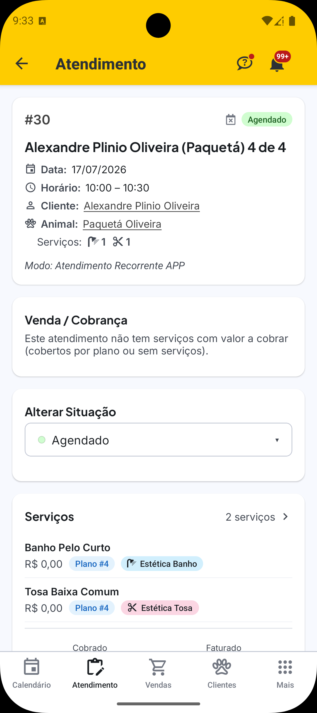 Detalhe do atendimento no aplicativo VetWeb com serviços e produtos lançados.