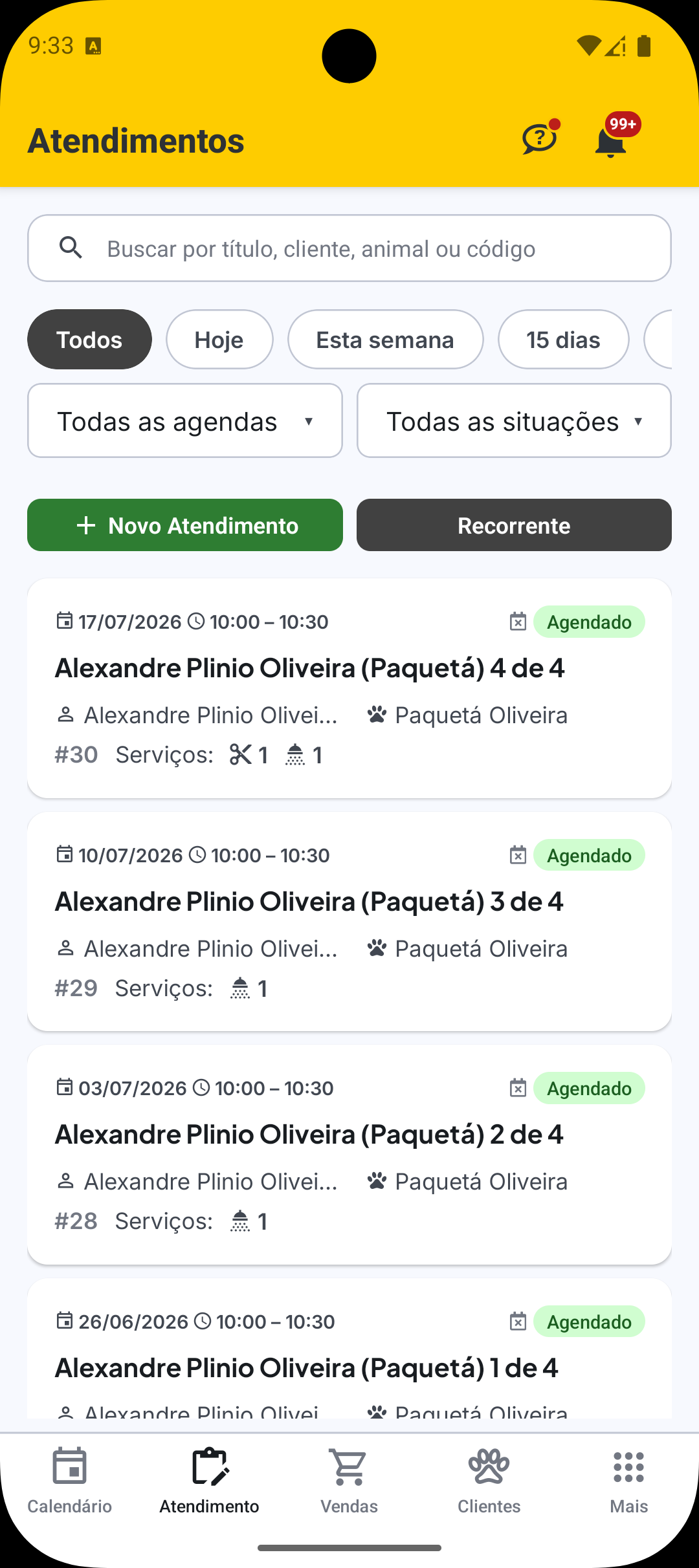Lista de atendimentos no aplicativo VetWeb com as situações do atendimento.