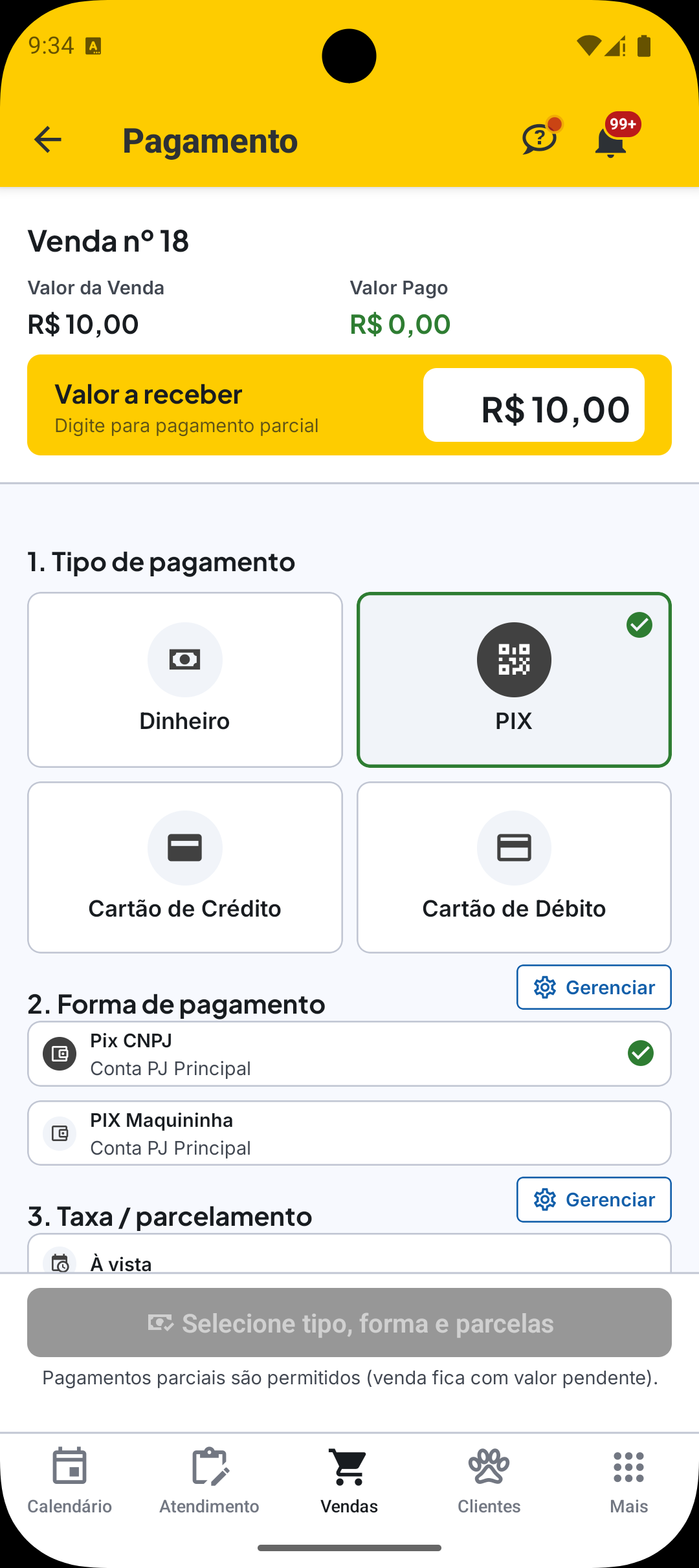 Tela de pagamento do PDV no aplicativo VetWeb com tipo, forma de pagamento e taxa.