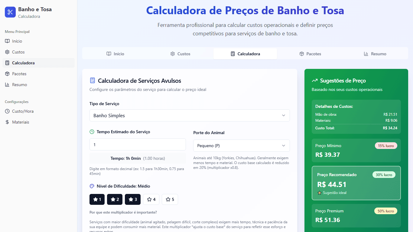 Recursos da Calculadora Banho e Tosa VetWeb