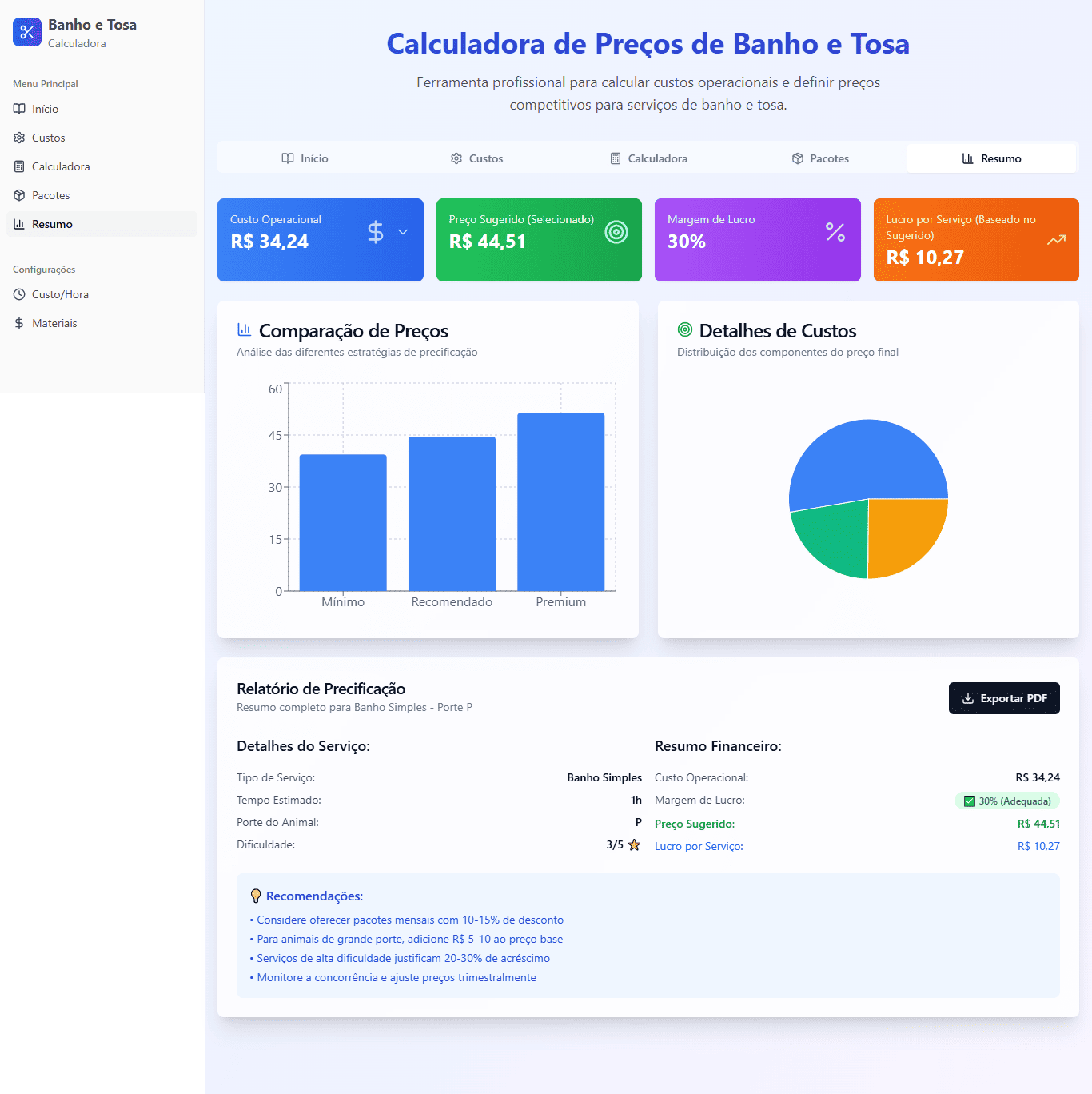 Simulação de Serviços na Calculadora VetWeb